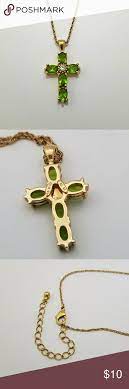 Avon Gold Cross Necklace With Green Stones Beautiful Cross Necklace In Gold Tone With 5 Faceted Green Glass Rhines Gold Cross Necklace Necklace Cross Necklace