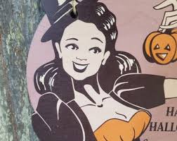 Vintage Witch Happy Halloween Retro Pin up Girl Lady Wood Pumpkin Door  Hanger Cut to Shape Front Door Entry Way Decor Plaque Wood Print
