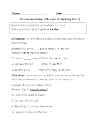 Articles Worksheets Fill In And Underlining Article Worksheet Articles Worksheet 2nd Grade Worksheets Worksheets