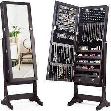 Jewelry cabinet with full length mirror free standing armoire 120 earring slots 24 necklace hooks 98 ring 5 shelves for makeup 2 in 1 lockable large capacity organizer 4 angel adjustable. Lockable Standing Jewelry Cabinet With Full Length Mirror And 2 Led Lights Ebay