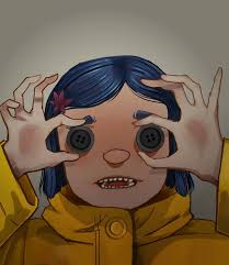 Buttons Coraline Laika Fanart Buttons Eyes Bluehair Yellow Blue Coat Art Hands Teeth Fan Art Anime Animation