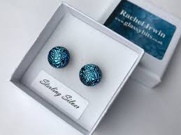 Frosty Sky Blue Round Dichroic Glass Stud Earrings With Sterling Silver 925  or Hypoallergenic Surgical Steel Ear Fittings and Box