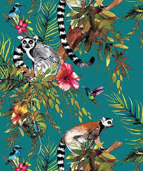 Holden Lemur Birds Jungle Palm Tree Teal Floral Feature Wallpaper 12402 Teal Wallpaper Tropical Wallpaper Feature Wallpaper