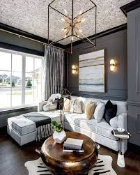 Loving The Dramatic Decor In This Family Room Bold But Cozy Living Room Grey Transitional Living Room Design Grey Walls Living Room