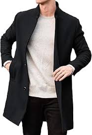 Men's Wool Pea Coat Jacket Band Collar Single Breasted Mid Length Overcoat Warm Winter Trench Coats with Pockets at Amazon Men's Clothing store - Product from Amazon.com