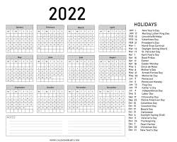 printable 2022 calendar with holidays