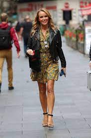 Actress Amanda Holden Yellow Floral Dress And Leather Jacket Yellow Floral Dress Shearling Jacket Costume Design