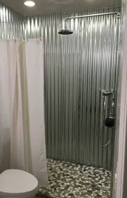 This Modern Country Industrial Shower Was Built With Corrugated Metal For The Walls Exposed Plumbing Shower Plumbing Tin Shower Walls Modern Shower Curtains