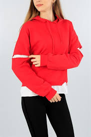 44 95 Tl Kirmizi Kesik Kol Garnili Bayan Sweat 44625 Modamizbir 2020 Moda Mankenler Kapusonlu