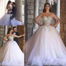 New 2016 Long Sheer Sleeves Crystals Ball Gown Wedding Dresses Illusion Top Beading Pearls Plus Maternity Bridal Gowns Wedding Dresses Wedding Dresses Chicago