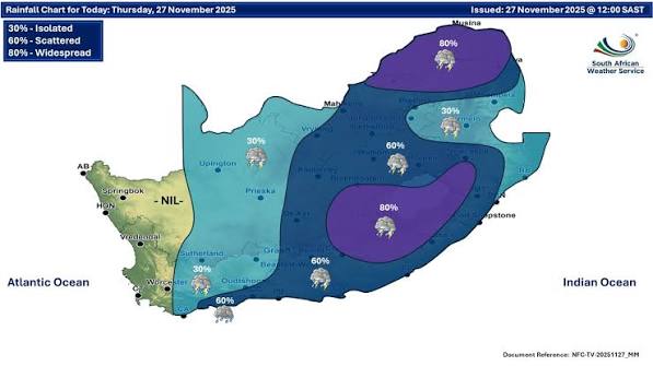 🌧️ SA Weather Update – 27 Nov 2025 Widespread storms (80%) expected today across eastern SA, including parts of Limpopo, Mpumalanga, KZN, and the central Eastern Cape. Scattered storms (60%) over the