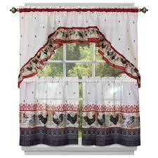 Achim Rooster Burgundy Polyester Light Filtering Rod Pocket Tier And Swag Curtain Set 57 In W X 36 In L Rots36bu12 The Home Depot Kitchen Curtains Country Chic Kitchen Rooster Kitchen