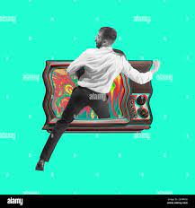 Teleportation to the past. Young man steps into retro tv set. Contemporary  art collage 80s Stock Photo - Alamy