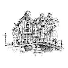 dessin a la main couleur vue sur ville d amsterdam maisons typiques et le pont hollande pays bas photo doubl tatouage coloriage rose