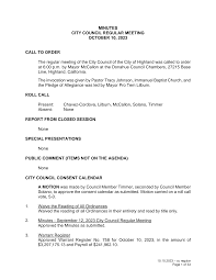 MINUTES CITY COUNCIL REGULAR MEETING OCTOBER 10, 2023 CALL TO ORDER The  regular meeting of the City Council of the City of Highl
