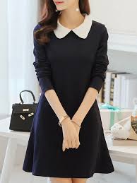 Sleeve Type Long Sleeve Neckline Peter Pan Collar Silhouette A Line Color Dark Blue Si Black Dresses Classy Long Sleeve Skater Dress Vintage Dresses Casual