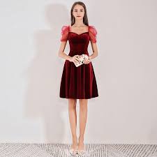 Chic Beautiful Burgundy Suede Graduation Dresses 2019 A Line Princess Square Neckline Short Sleeve Backless Knee Length Formal Dresses Tea Length Dresses Prom Dresses Gowns Graduation Dress