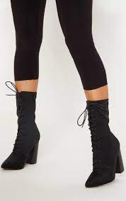 Womens tie lace up ankle high heels block platforms party open shoes size. Black Block Heel Lace Up Lycra Sock Boot Prettylittlething Il