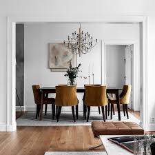 Because we're not only about arm chairs. Living Room In Modern Design Long Dinner Table Armchairs In Mustard Velvet Wall Art And Sarfatti Round Dining Room Round Dining Room Table Dining Room Decor