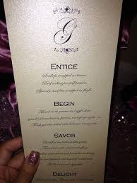 Simply put you make a recipe card for each item that goes with the meal, including rolls and butter. Formal Wedding Menu Card Shimmering Paper Jeweled Monogram Wedding Menu Cards Wedding Menu Menu Cards