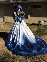 Gothic Wedding Gown In Metalic Blue And Black With Matching Veil Hand Painted And Dyed Halloween C Dye Wedding Dress Tie Dye Wedding Dress Punk Wedding Dresses