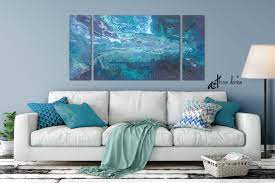 3 Piece Wall Art Canvas Abstract Print Set Blue Teal Gray Etsy Teal Wall Art Panoramic Canvas Print Abstract Canvas Art