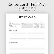 Recipe Card Full Page Black White Fillable Printable Etsy Recipe Cards Recipe Cards Template Printable Recipe Cards