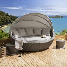 Luxury Oval Garden Daybed Grey Rattan Silver Cushion Canopy 2 X Stools Garden Day Bed Silver Cushions Daybed