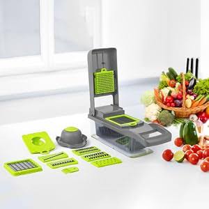 Picador de verduras 15 en 1 con eficiencia para cortar y cortar verduras con 8 cuchillas diferentes, incluye picador de cebolla, diseño espacioso para patatas, tomates, pepinos y zanahorias, diseño seguro y