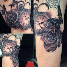 Black Rose Butterfly And Timepiece Tattoo Watch Tattoos Tattoos Sleeve Tattoos For Women