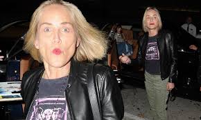 Sharon stone nice fine pixie haircut. Sharon Stone Cuts A Casual Look In A Blondie T Shirt And Khaki Combat Trousers Daily Mail Online