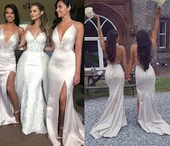 Sexy Satin Split Mermaid Bridesmaid Dresses Deep V Neck Criss Cross Back Boho Bridesmaid Gowns Wedding Guest Prom Party Dresses Watters And Watters
