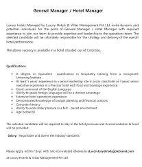 Their duties may include taking incoming calls, returning calls or messages. General Manager Hotel Manager
