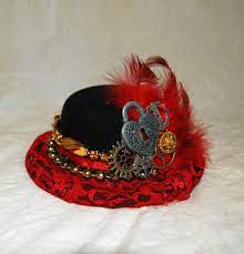 Red Feather Steampunk Hat Gears Cosplay Costume Accessory Burlesque Costume Fascinator Feather Headpiece Red Lace Gold Beads Mini Top Hat Steampunk Hat Feather Headpiece Red Feather