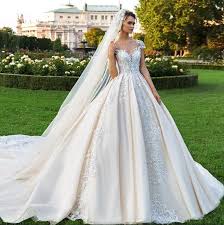 Champagne Wedding Dresses Bridal Ball Gown Cap Sleeve Cathedral Train Lace Tulle Wedding Dress Wedding Ideas Wedding Clothes W In 2019 Wedding Dress Sleeves Applique Wedding Dress Dubai Wedding Dress
