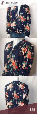 Love Tree Blue Floral Bomber Jacket Sz L Love Tree Floral Lightweight Dark Blue And Hues Of Peach And Floral Bomber Jacket Floral Bombers Clothes Design