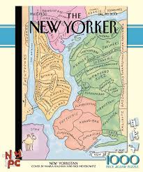 Near the bottom of the puzzle, a line of people wait in line to buy ice cream cones while the top of it consists of the ocean which is filled. New Yorkistan The New Yorker 1000 Pieces New York Puzzle Co Puzzle Warehouse