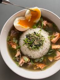 Salmon dashi matcha ochazuke & egg. : rFoodPorn