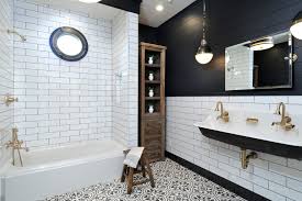 Shop with afterpay on eligible items. Los Angeles Black And White Bathroom Art Transitional With Brass Fixtures Polished Mosaic Tiles Gold Bath Faucet