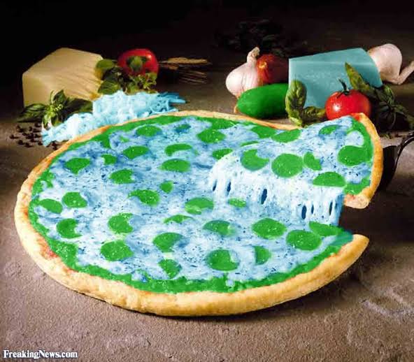 Green Pepperoni and Blue Cheese Pizza-More than likely Photoshopped but  still cool idea