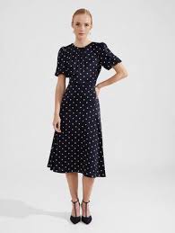 Hobbs Christina Polka Dot Midi Dress, Navy/Ivory