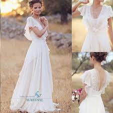 White Ivory Bohemian Chiffon Wedding Dresses Lace Beach Bridal Gowns Outdoor Clothing Chiffon Wedding Dresses Lace Backless Bridal Gowns Boho Wedding Dress