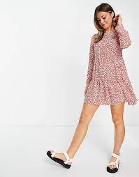 Spaghetti strap red floral print ruffles hem dress. Asos Design Long Sleeve Tiered Smock Mini Dress In Red And White Floral Print Asos