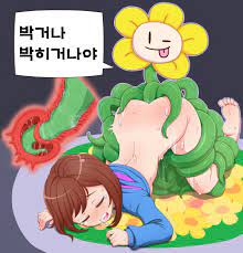 flowey (undertale), frisk (undertale), undertale, absurdres, highres,  translated, 1girl, ;p, ass, barefoot, blush, bottomless, cervical  penetration, cervix, cross-section, deep penetration, feet, flower, korean  text, loli, looking at viewer, monster ...