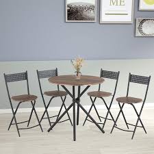 Mecor 5 Pcs Dining Table Set 4 Folding Chairs Mid Century Vintage Round Coffee Table And Foldable Chairs With Wood Top And Metal Frame For Kitchen Patio Dining Room Brown Walmart Com