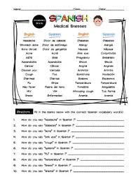 The following esl / efl resources are available for health problems (vocabulary): Spanish Medical Illnesses Vocabulary Word List Worksheet Answer Key