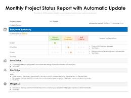 Use this project status report template to streamline your status reports, improve communication with stakeholders, and deliver your presentations with greater impact. Monthly Project Status Report With Automatic Update Powerpoint Presentation Slides Ppt Slides Graphics Sample Ppt Files Template Slide