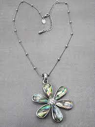 Lia Sophia Water Lily Flower Pendant Necklace Abalone Silver Rhinestones Flower Pendant Necklace Silver Rhinestone Flower Pendant