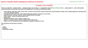 Exception of a limited employment certificate. Room Attendant Work Experience Certificate
