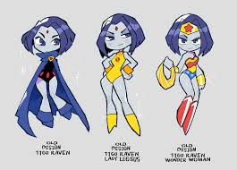 rariatto (ganguri), lady legasus, raven (dc), wonder woman, dc comics, teen  titans, teen titans go!, red footwear, highres, 1girl, black leotard, blue  cape, bob cut, boots, cape, closed mouth, cosplay, english text,